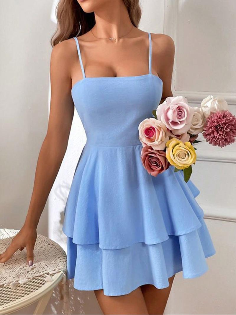 Women's Plain Ruffle Trim  Cami Dress, Casual Sleeveless Short Dress for Beach Holiday Vacation, Ladies Clothes for All Seasons