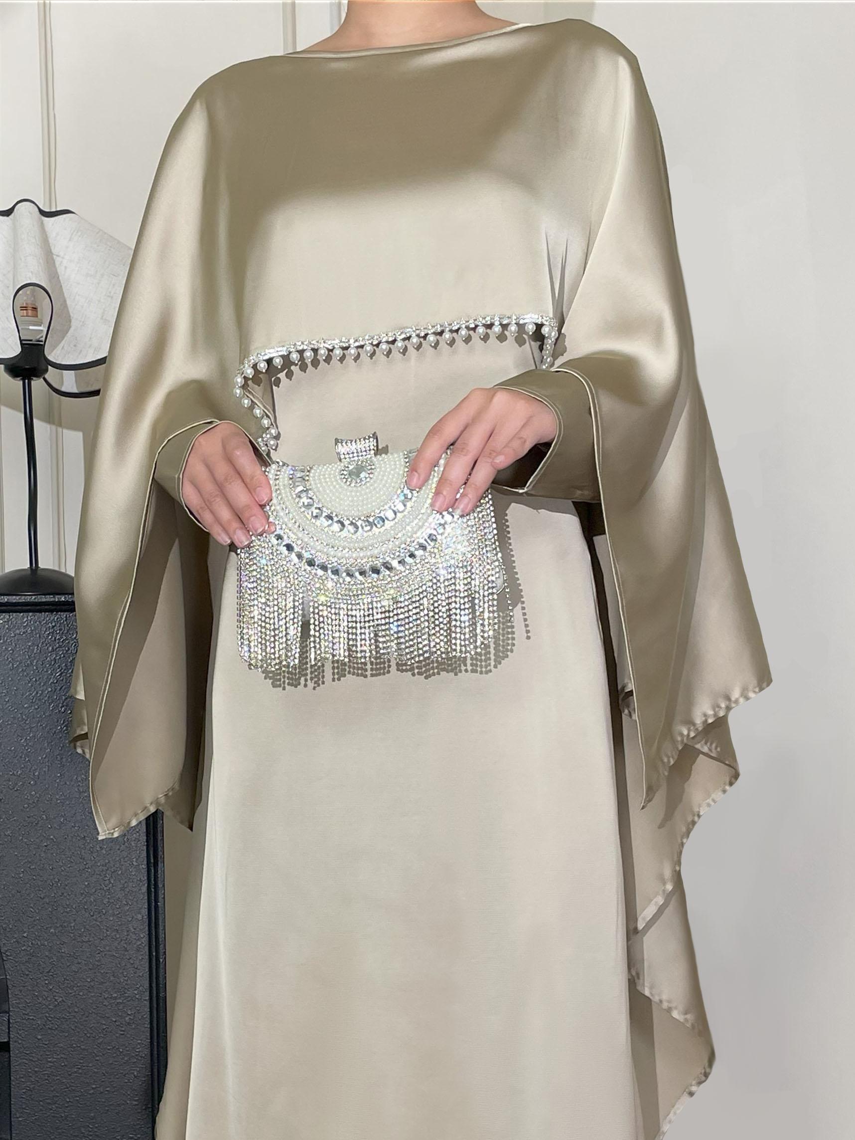 CL43 Satin cape elegant Muslim dress, Modest Party Open Butterfly Pearl rhinestone Abayas, For Evening Party/Wedding Guest/Anniversary,Unique design, luxurious texture,Fashionweek