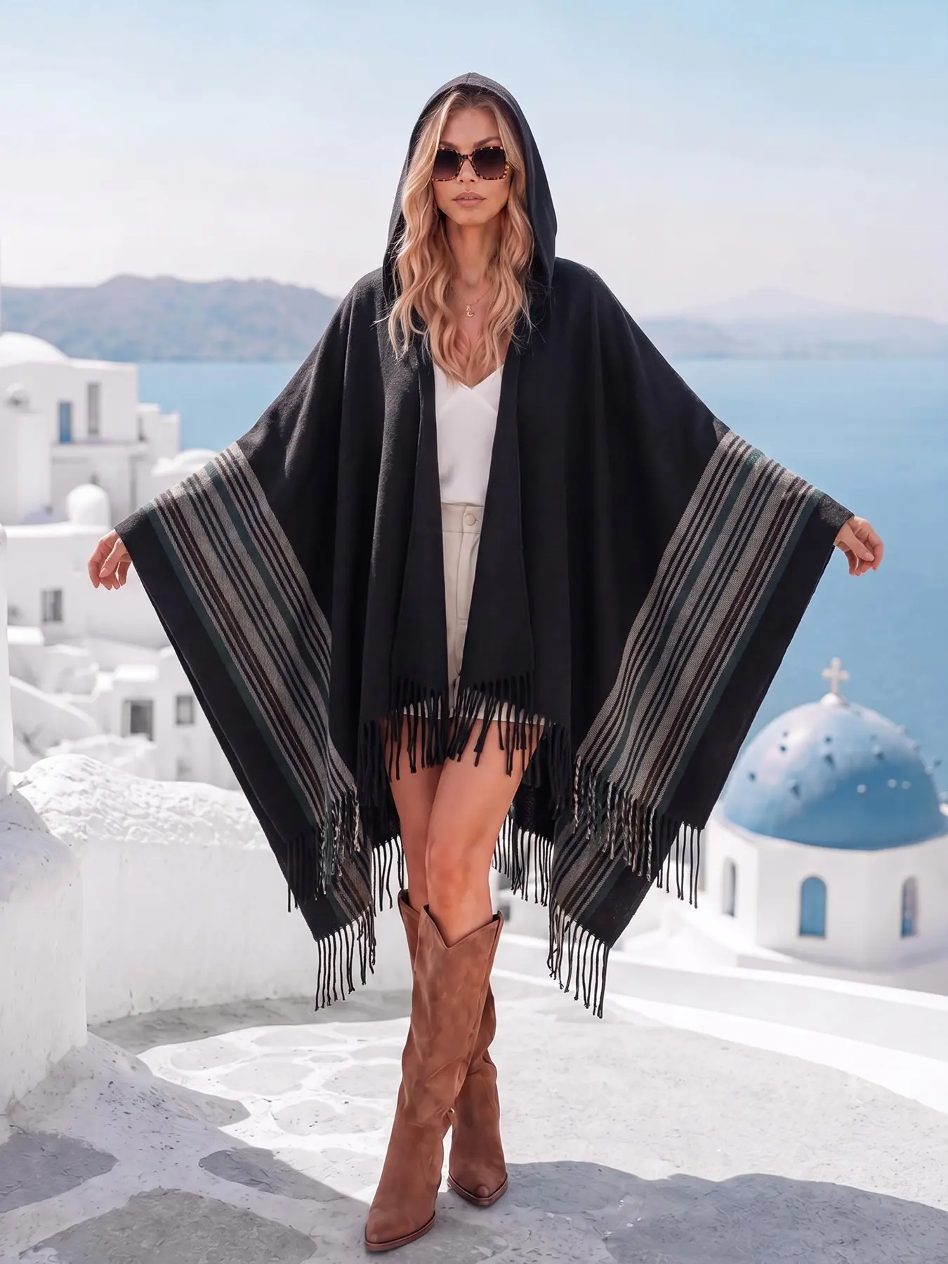 Boho Striped Shawl for Women, Elegant Loose-Fit Windproof Scarf, Fall & Winter Fashion Accessory, Versatile Warm Wrap for Outing and Parties