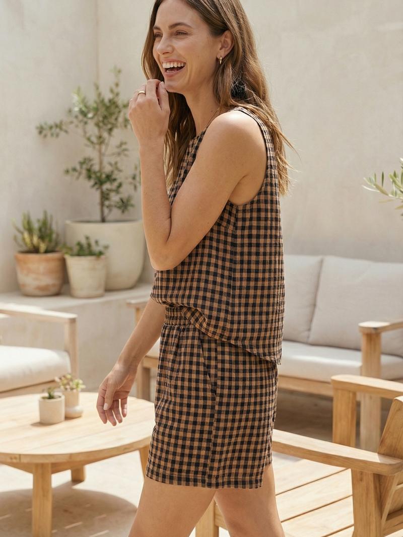 Women's Summer Plaid Vest Top & Elastic Waist Shorts Set, Beach Vacation Travel, Comfortable Casual Daily Wear