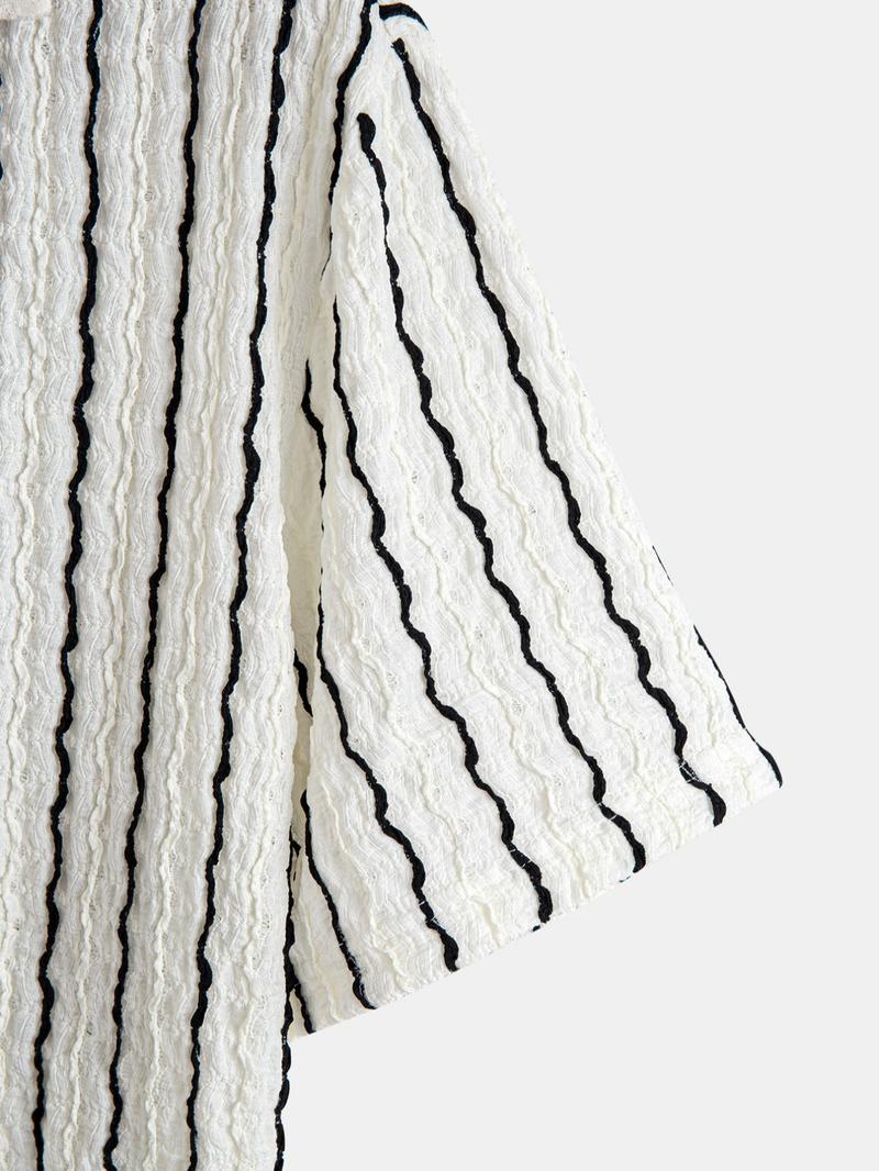 Men's Spring Summer Casual Vacation Cuban Collar Short Sleeve Shirt, Knitted Jacquard Striped Leisure Top, Comfortable Breathable Fabric