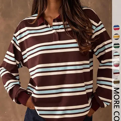 Women's Casual Colorblock Striped Long Sleeve T-Shirt, Fall Winter Fashion, Vintage Style, Fitted, Chic Fit Casual, Outdoors Wear, All Seasons