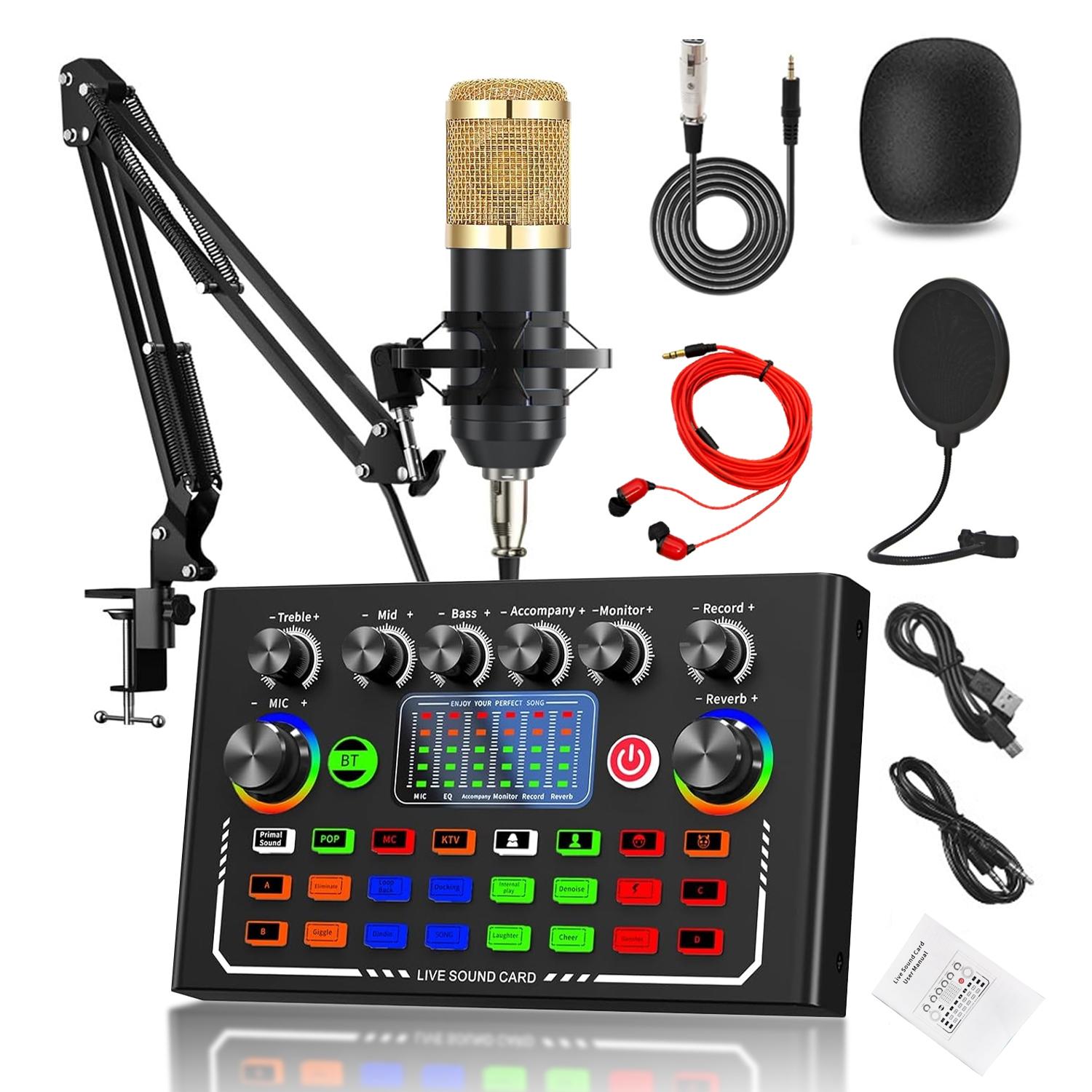 Professional Podcast Equipment Set BT Connection Bm-800 Microphone Kit Dj Sound Control Mixer Live Audio Mixer for Phone Computer Laptop Live Streaming Music Singing