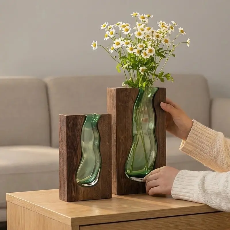 New Chinese-style solid wood green glass vase, designer model, unique shape, detachable, wholesale decorative item for home and hotel