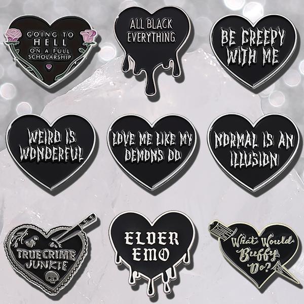 9PCS Black Heart Shaped Fun English Letter Pins Fashionable Brooches for Backpacks & Clothing Exquisite Enamel Perfect Gift Ideas