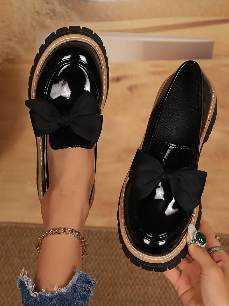 Affordable American Retro Style Women's Leather Shoes - Autumn New Thick-Soled Bowknot Design, Suitable for Matching Skirts, Mary Jane Loafers (Single-Sole)