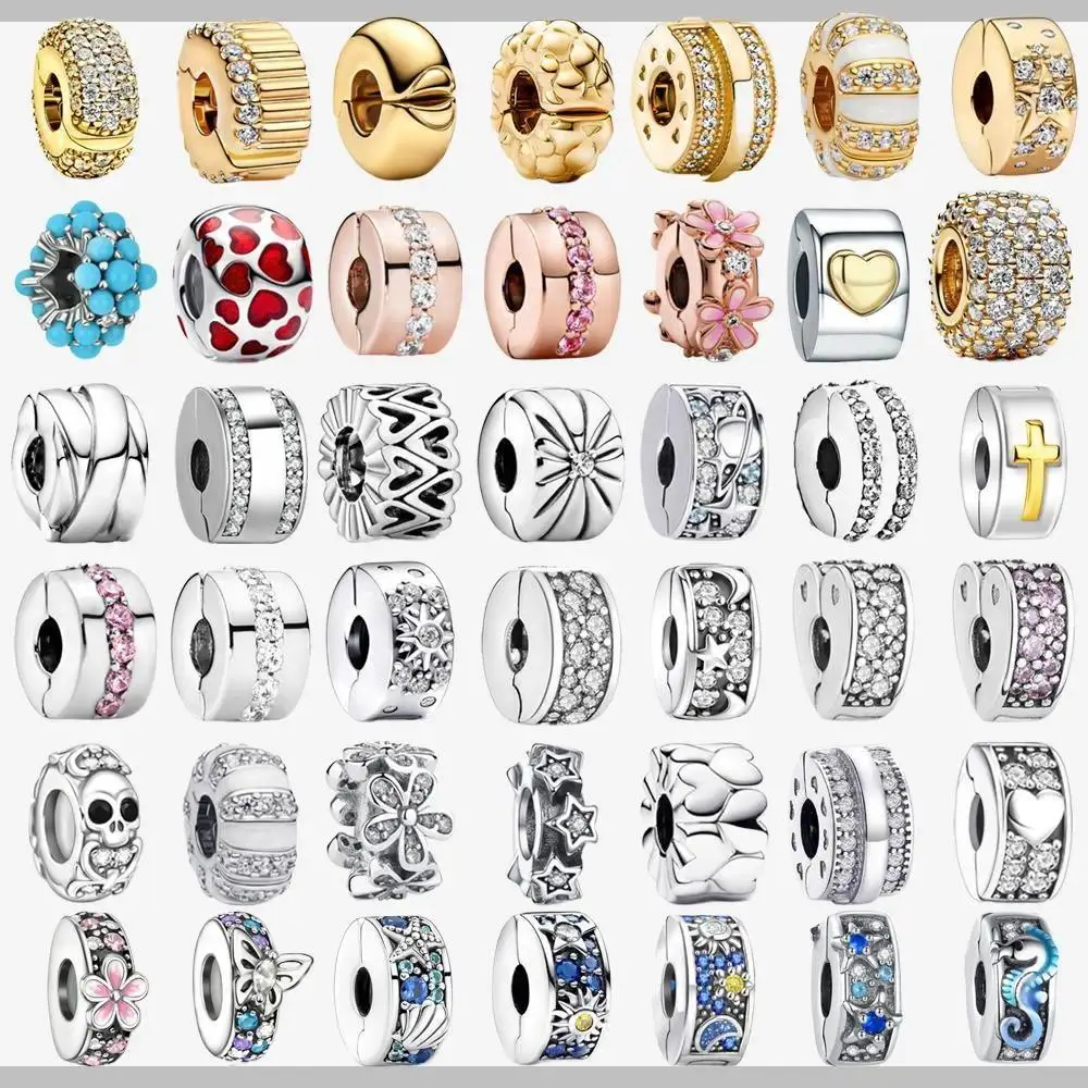 Clip Stopper Spacer Beads 925 Sterling Silver Pavé Clip Charms Fit Original Bracelet Beads Jewelry DIY Gift plata de ley