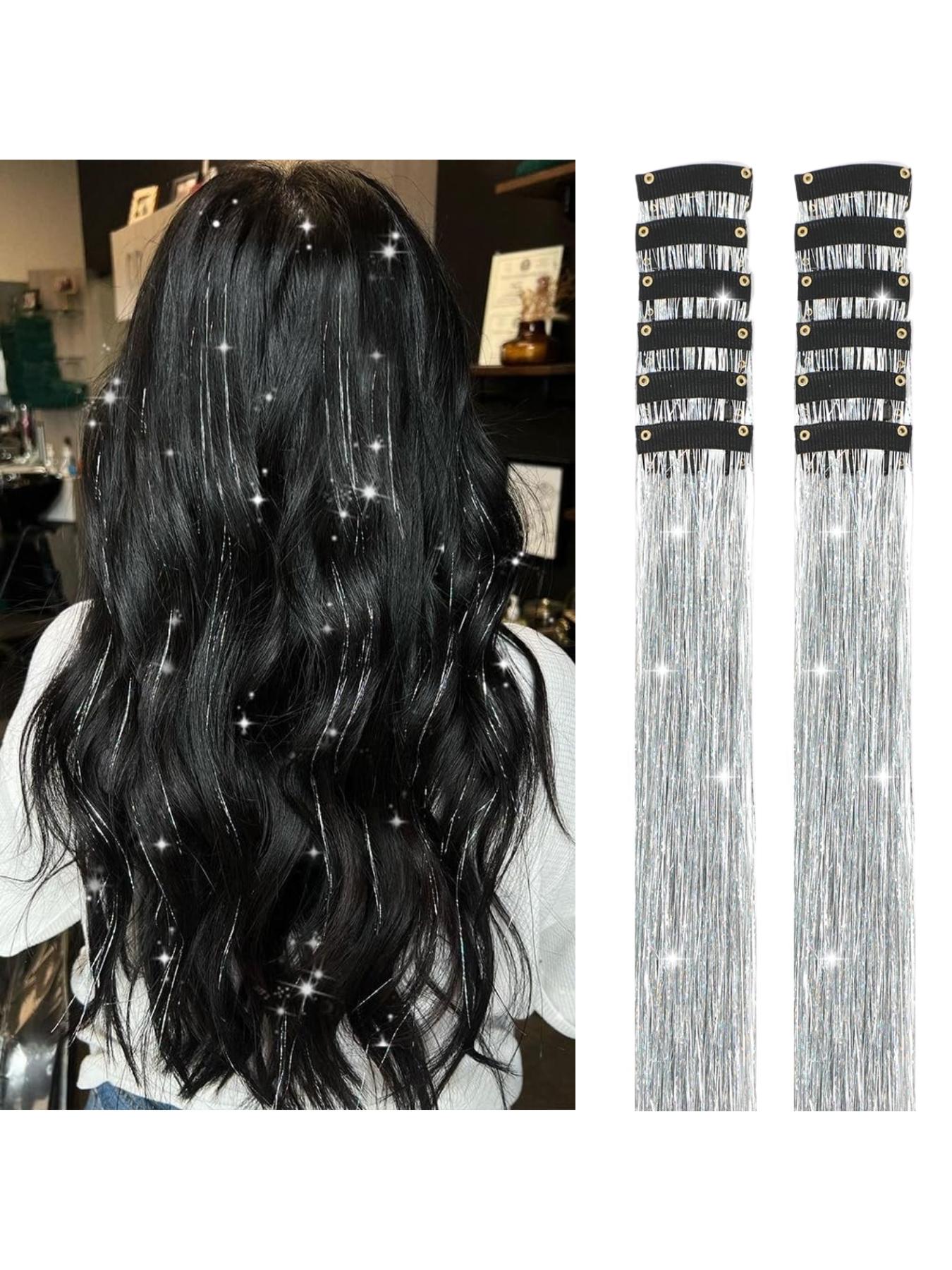Rainbow Hair Tinsel Pack of 12 Pcs Clip in Hair Tinsel 20 Inch Glitter Tinsel Hair Extensions, Festival Tinsel Fairy Hair Extension Party Dazzle Hair Accessories Strands Kit Clip on Hairpieces