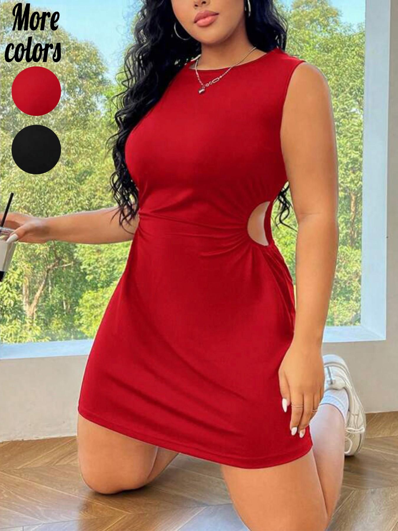 【Plus-Size】1 Piece Black Sleeveless Cutout Mini Dress, Minimalist Casual Style, Stretchy Slim-Fit Fabric & Waist Cutout Detail, For Curvy Women, Perfect for Date Night, Brunch & Daily Outings, Women's Plus-Size Cutout Dresses | TikTok Viral Fashion