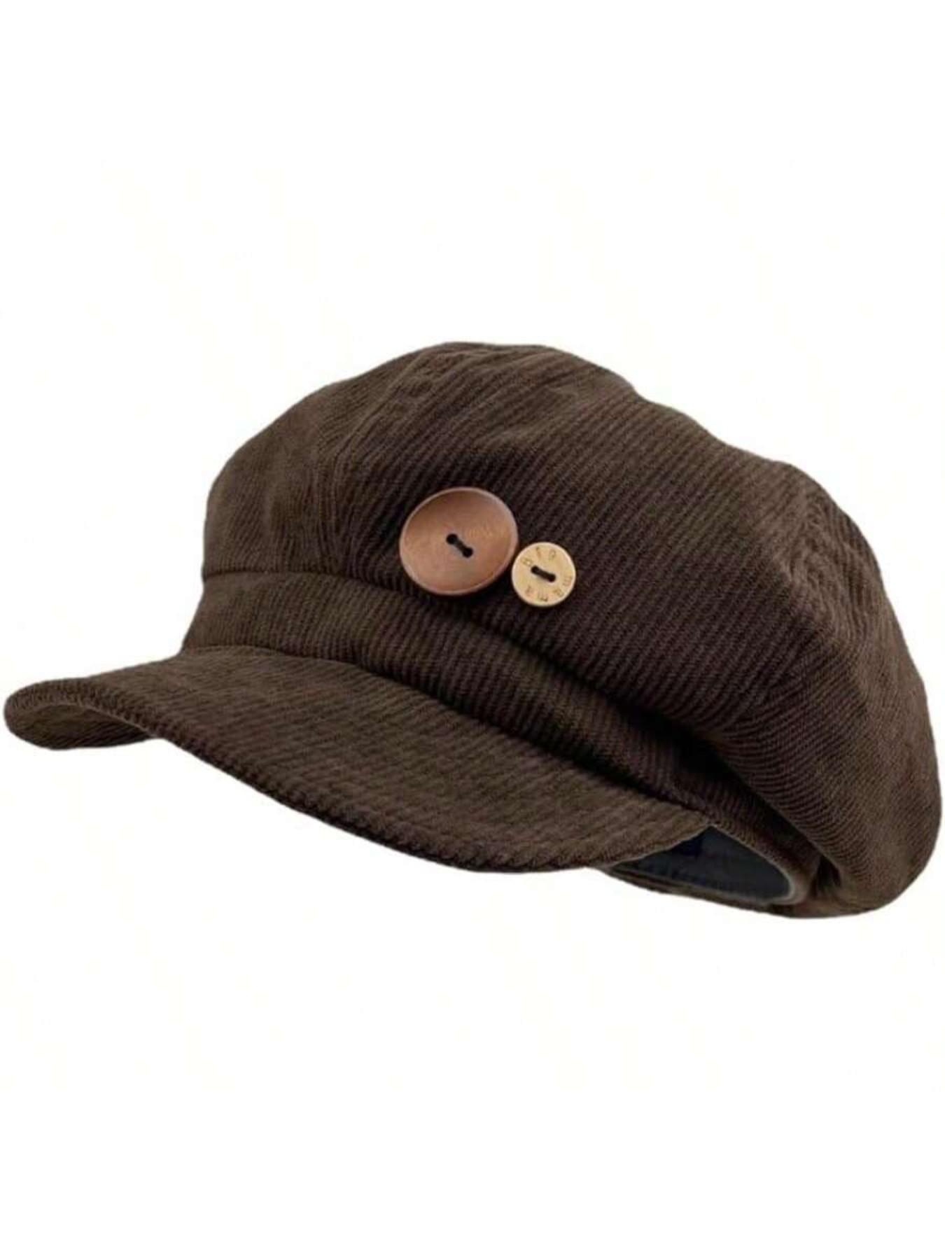 Corduroy Newsboy Hat for Women, Vintage Appeal Button Decor, Paperboy Painter Beret Cap, Japanese Y2K Style, Acubi Emo Headwear