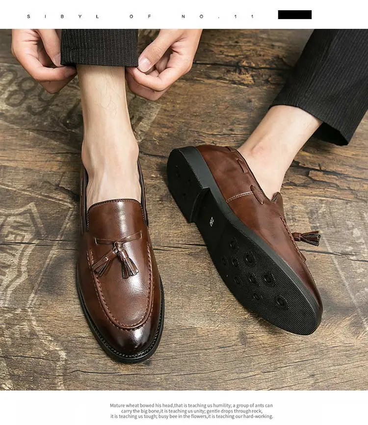 Men's Trendy Fashion Tassel Leather Loafers, One-Click Slip-On Casual Shoes, Versatile Youth Formal British Style, Perfect for Nightclubs and Weddings, Business Casual Shoes, Office Shoes
