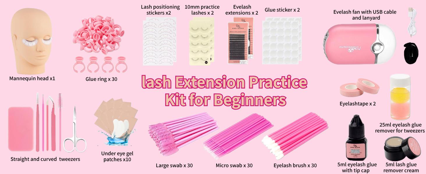 Lash Eyelash Extension Kit, Lash Kit for Eyelash Extension Beginners, with Mannequin Head, Individual Lash Glue, Eyelash Remover, Fan, Lash Extension Supplies Tools for Practice Training