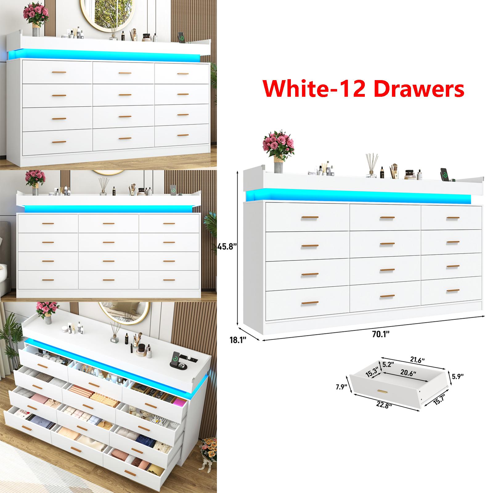 Dresser with LED Light, Modern Chest of Drawers for Closet, Wide Drawer Organizer Cabinet for Bedroom, Living Room, Entryway, Hallway, White/Black