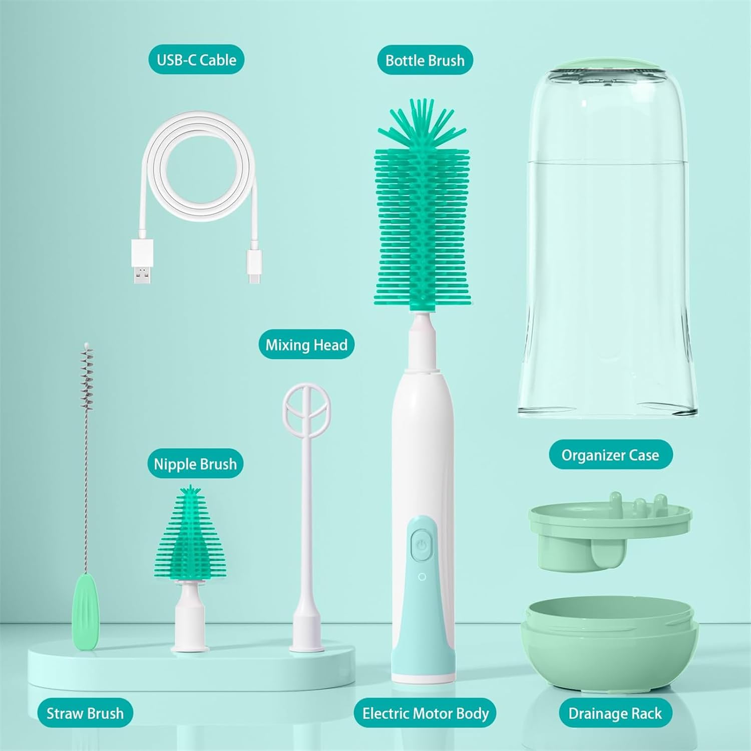 Electric Bottle Cleaning Brush, Baby Bottle Brush Cleaner, Water Bottle Cleaning Kit, Nipple Brush,Straw Cleaner Brush, 360° Rotation, Silicone Material, Waterproof,6 Packs Set for Newborns