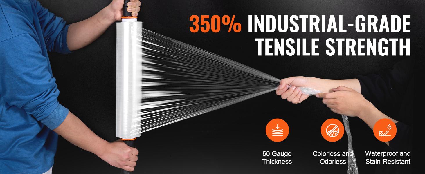 VEVOR Stretch Film, 15 inchesx 1000 feet, 4 Pack, 60 Gauge Industrial Strength Clear Durable Stretch Wrap Roll, Heavy Duty Shrink Film Stretch Wrap with Handles for Pallet Wrapping Shipping Moving