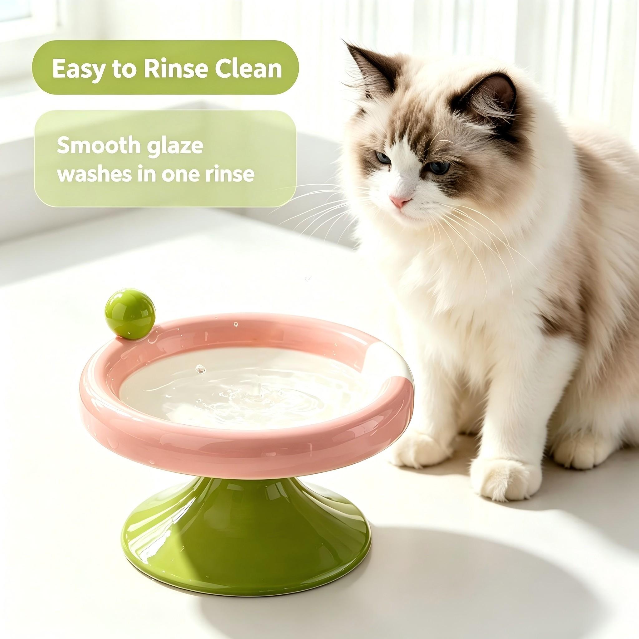 Macaron Color Cute Ceramic Elevated Cat Feeding Bowl, Small Raised Food Dish for Cats and Small Dogs, Reduces Neck Strain