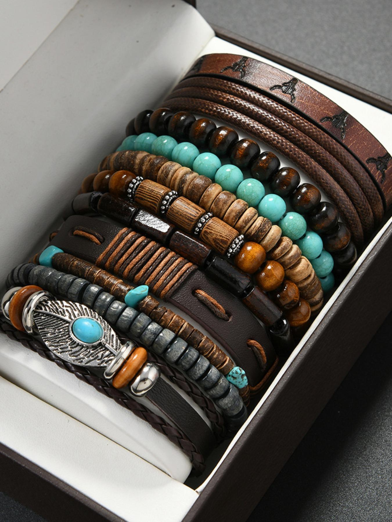 Men's Vintage Casual Bohemian Style Beaded Bracelet Set, Fashion Turquoise Beaded PU Leather Bracelet Set, Stylish Gift for Boys Daily Wear, High Quality Bracelet