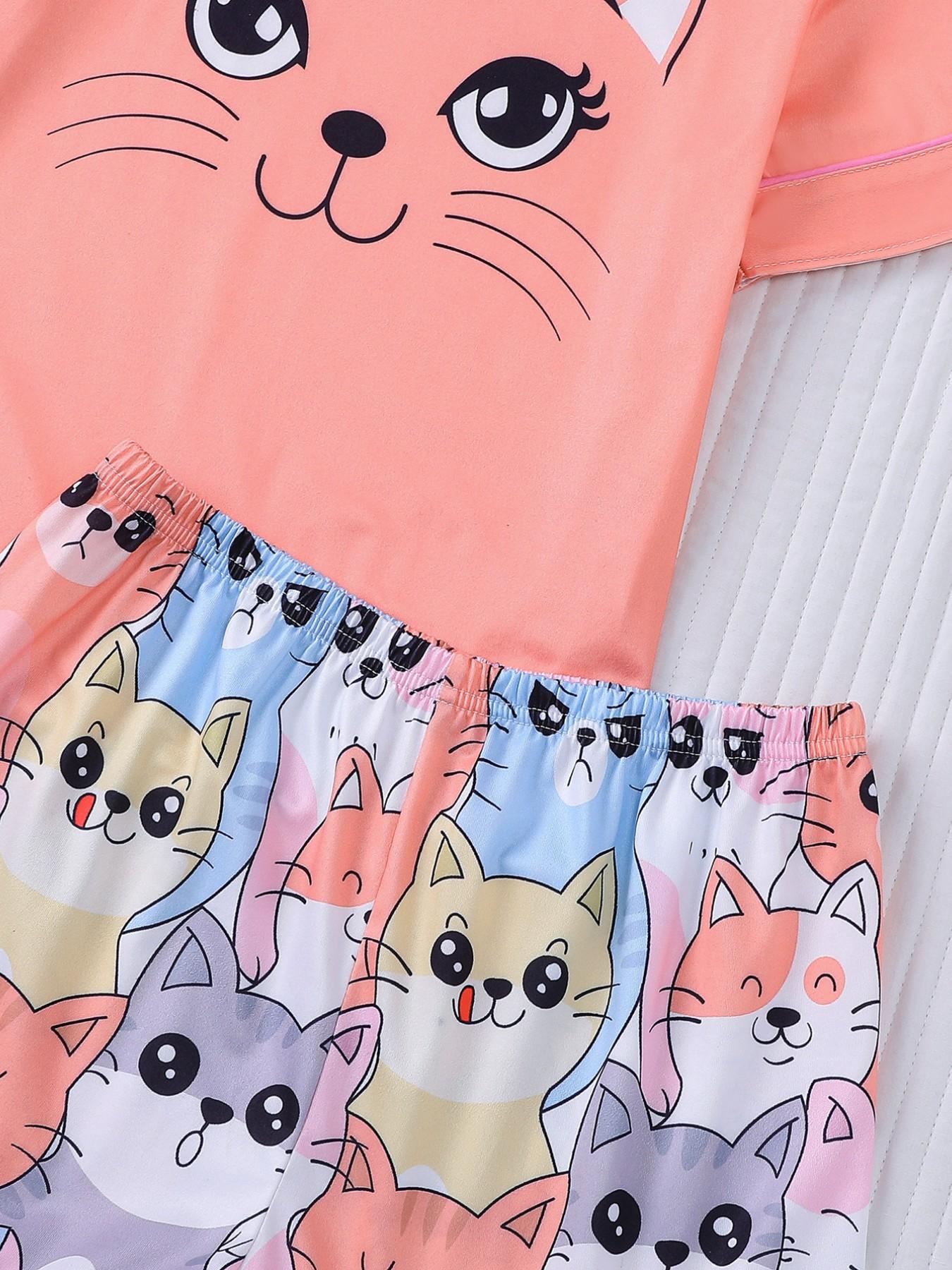Cartoon Cat Theme Sleepwear Set, Summer Fire Retardant Fabric, Cute Short Sleeve Pajamas, Cartoon Print Pajama, Casual Home Wear, Kids Gift Set