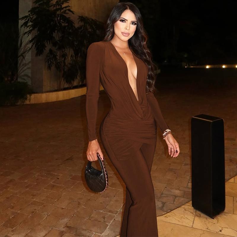 Women Spring Autumn Long Sleeve V Neck Bodycon Jumpsuit Overall One Piece Outfit
