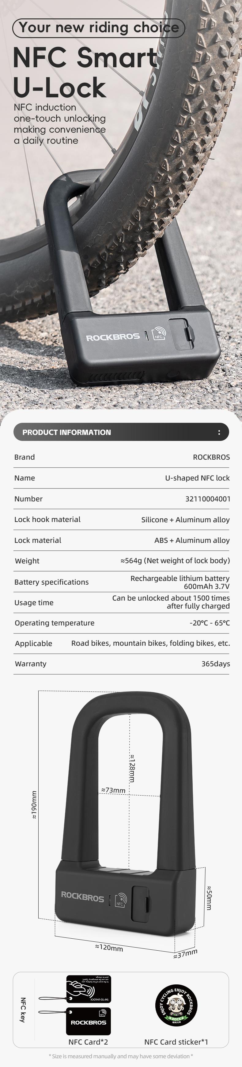 ROCKBROS Smart U Lock NFC Unlocking (NFC fuction phone only),MTB Road Bike Lock  Anti-theft Lock Waterproof Rechargeable Safety Lock