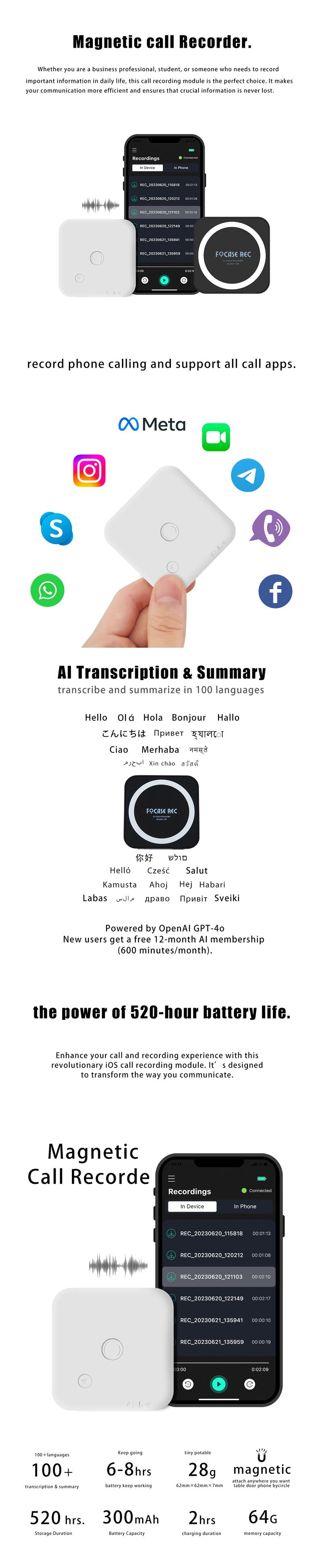 Advanced AI Digital Voice Recorder,IOS Phone Calling Recorder, Perfect for Bussiness, Learning, Couple, Parents, 100 Languages Transcription & Summary, 64GB , Call Recorder, Secure, Magnetic design