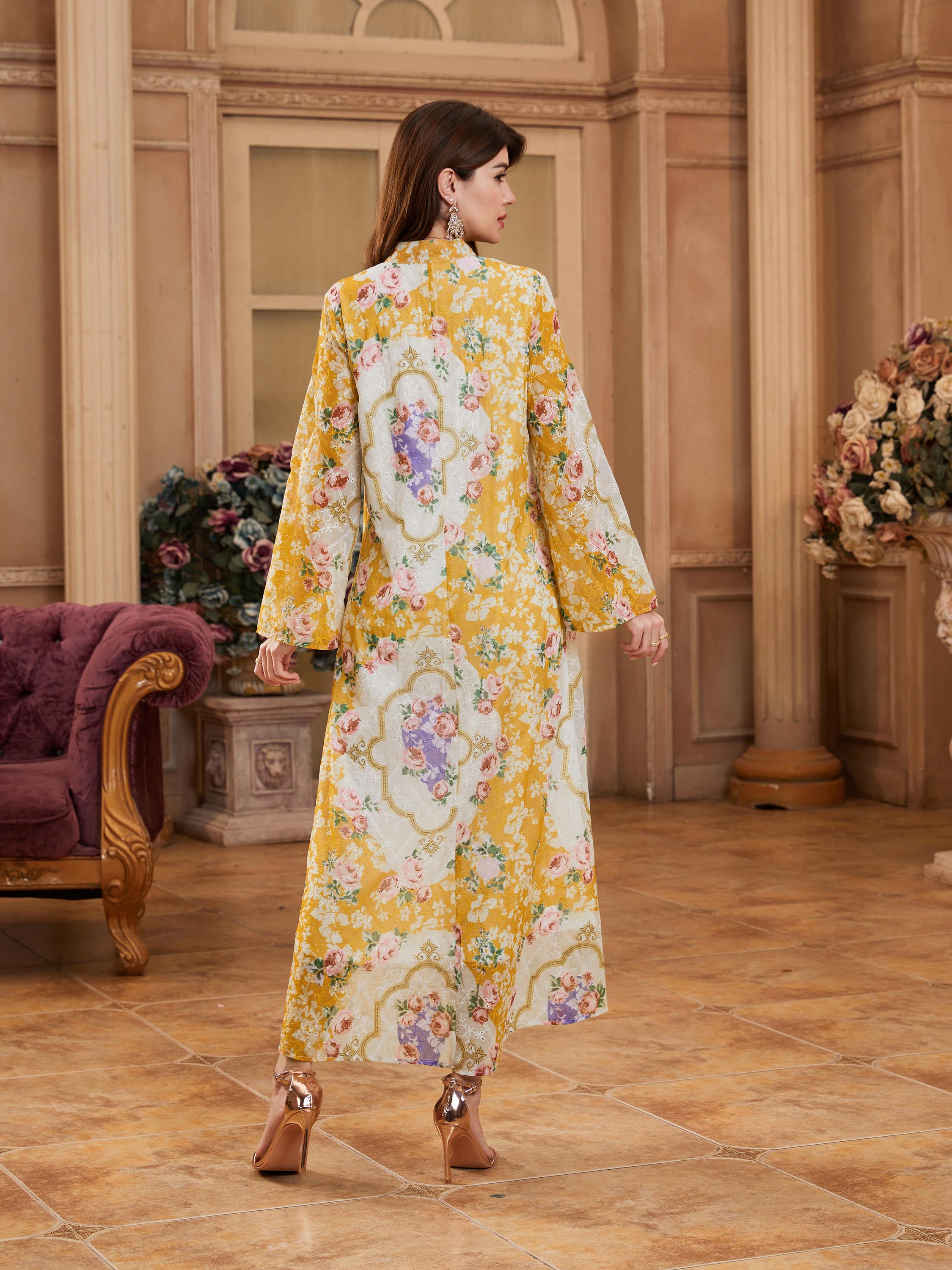 Middle Eastern Muslim Breathable Floral Long Sleeve Dress, Stand Collar Fringe Pendant, Sparkling Rhinestone Robe with Lining, Modest Style Islamic Clothing, Muslim Dresses, Modesty Muslim Clothing