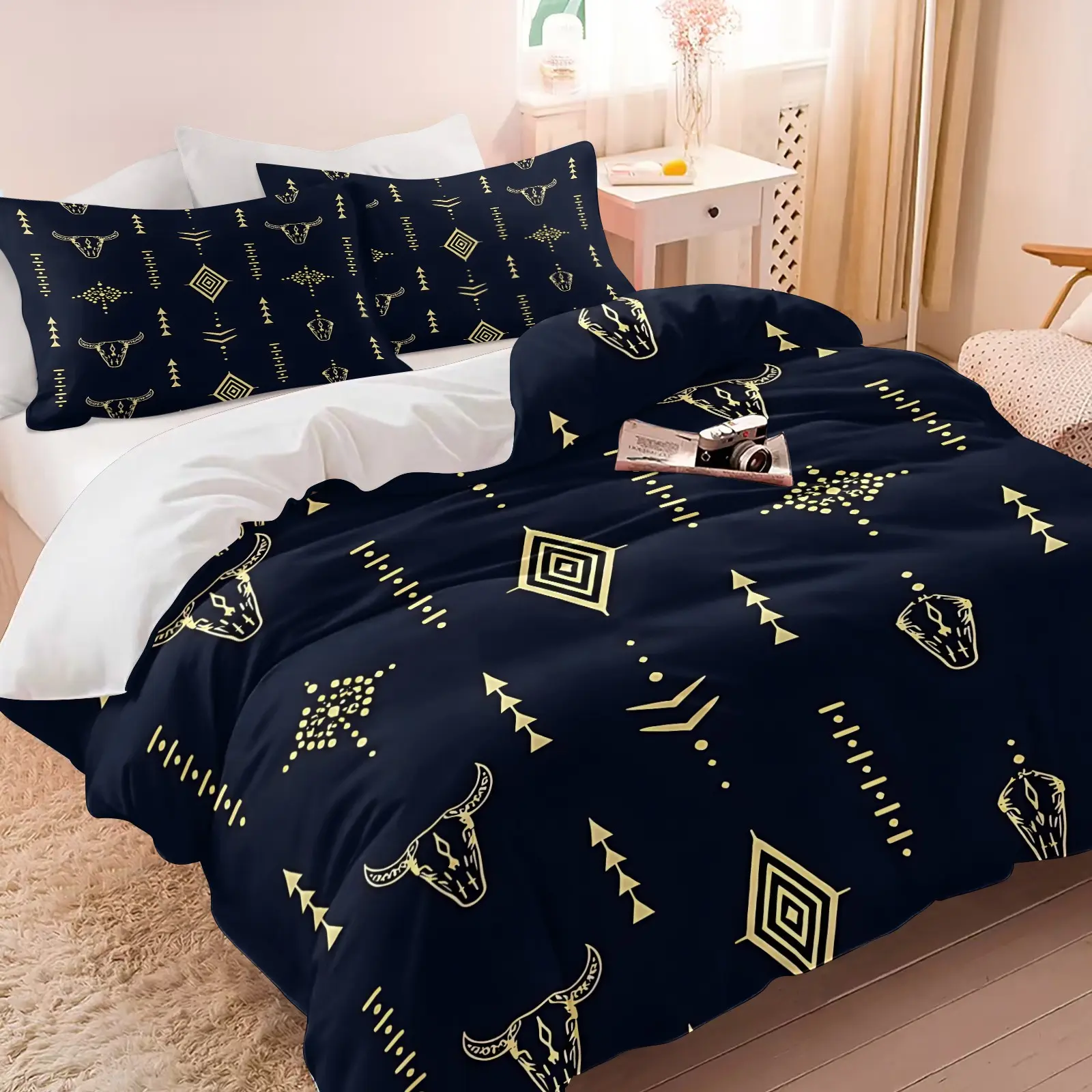 Dark Navy Western Bull Skull Duvet Cover Set, Southwestern Aztec Geometric Bedding Set, 1 Duvet Cover & 1-2 Pillowcases No Filling, Soft Microfiber Bed Linens, Rustic Boho Room Decor for Bedroom Dorm Gift, Printed Bedding Set, Patterned Bedding Set