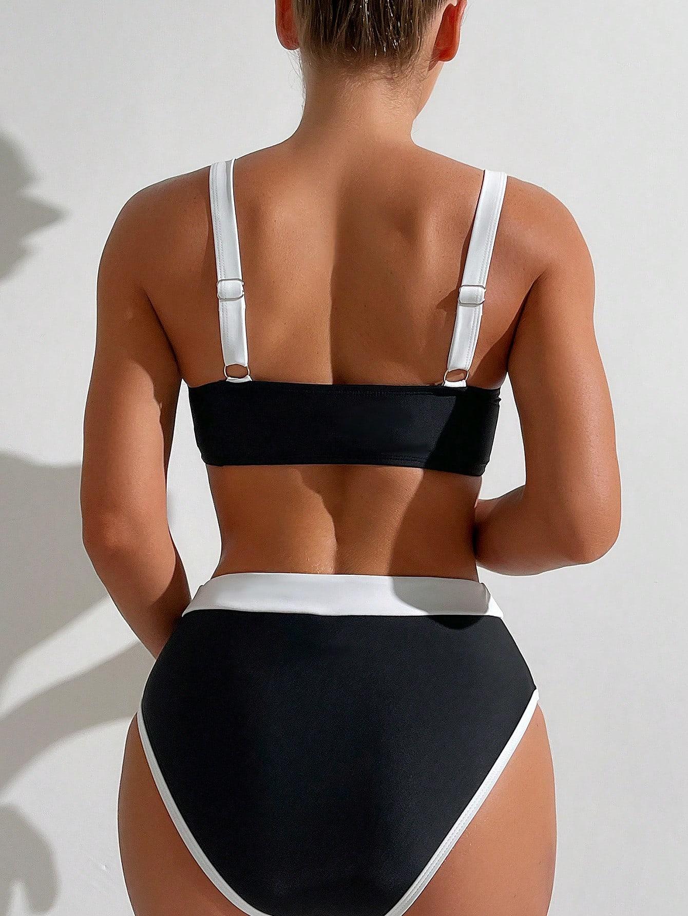 Women Summer Beach Fashion Color Block Swimsuit High Waisted Set Two Piece Bathing Suits