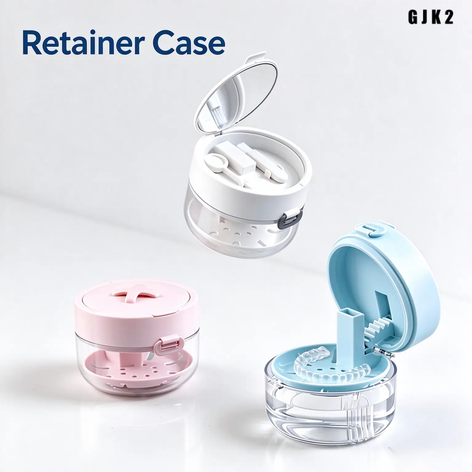 Retainer Cleaner Case, Denture Soak Storage Container with Drain Basket, Built-in Mirror & Cleaning Brush, Portable Travel Orthodontic Retainer Bath Box for Oral Appliance