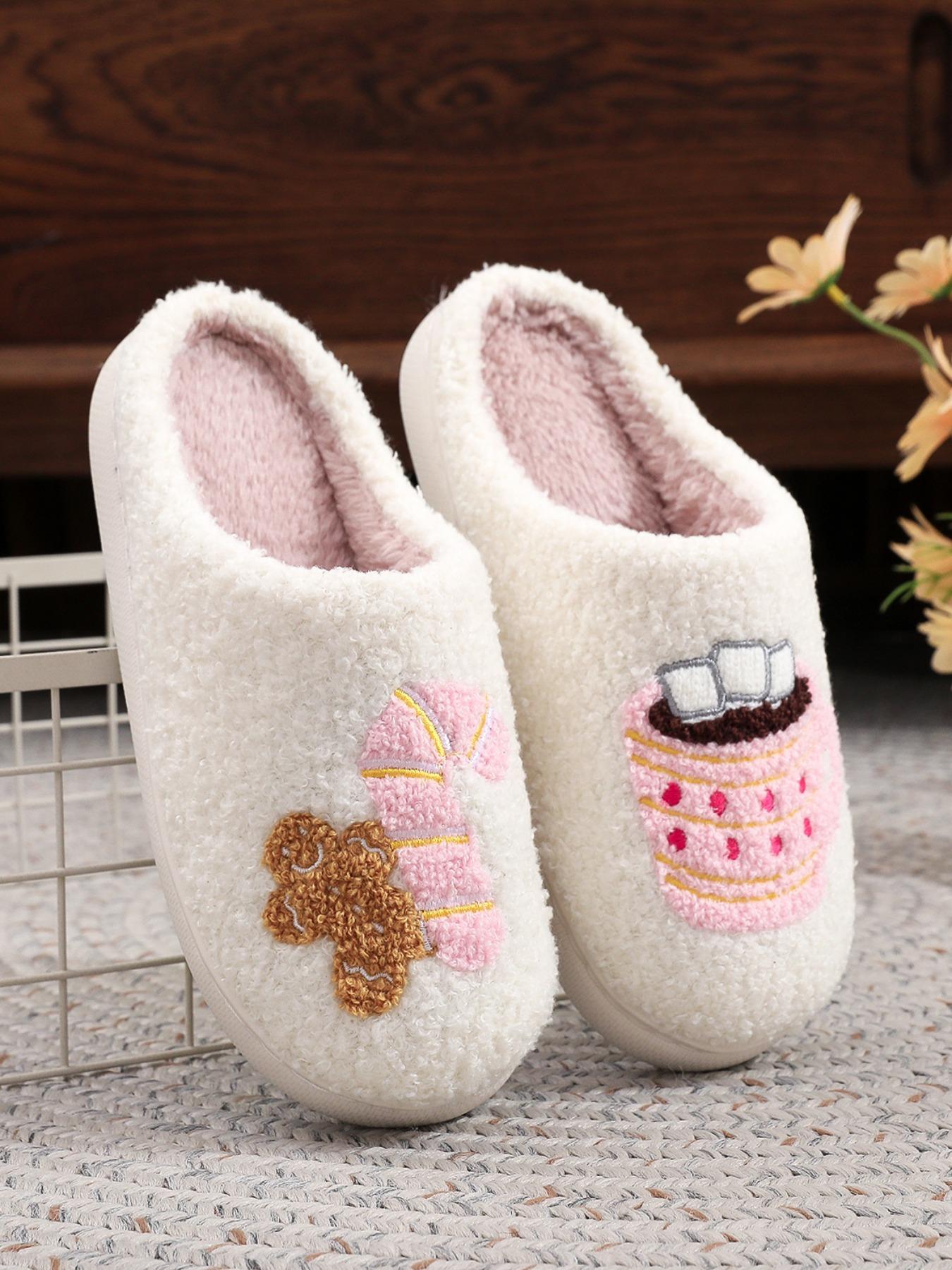 Christmas Plush Slippers, Embroidered Gingerbread Man Cane Cocoa Cup Design, Warm Indoor Outdoor Non-Slip Shoes for Fall Winter