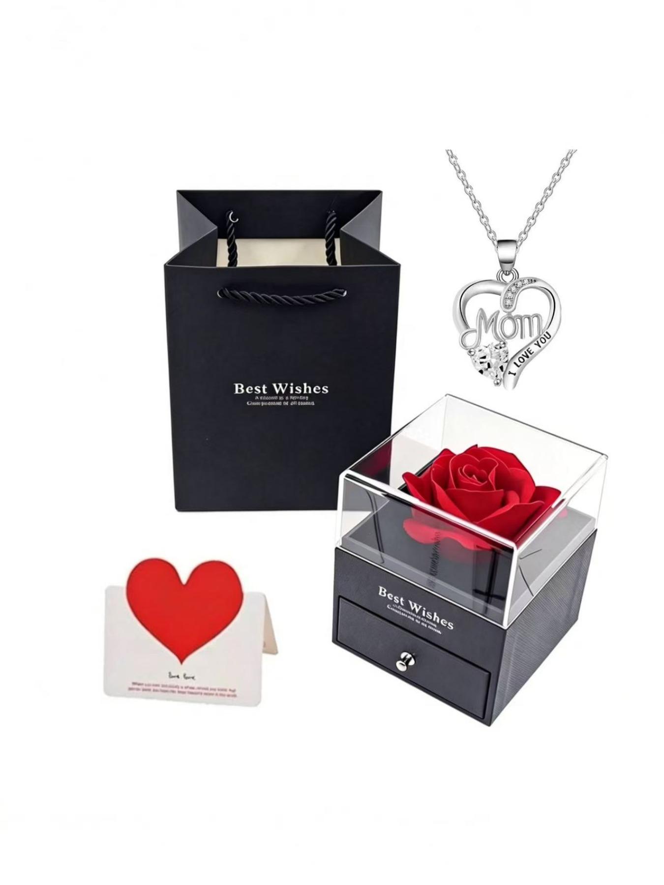 Mother's Day Gift Set, Heart-Shaped Ruby Necklace, Rose Flower Pendant, Elegant Jewelry Box, Express Love to Mom, Perfect Mother's Day Present