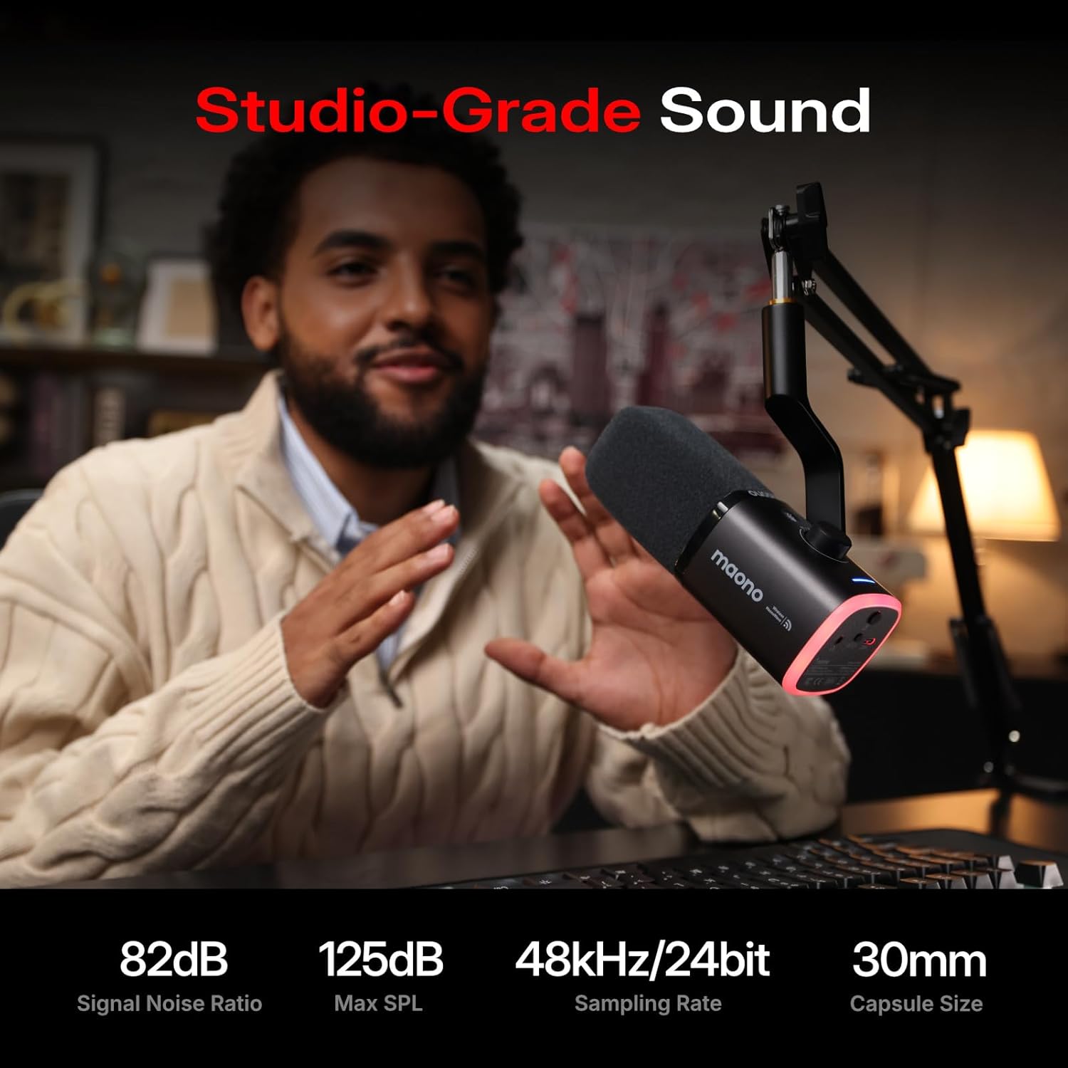 Wireless Gaming Microphone Dynamic USB Streaming Mic for PC Computer with 3 Level Noise Cancelling RGB Lighting Mute Button Software