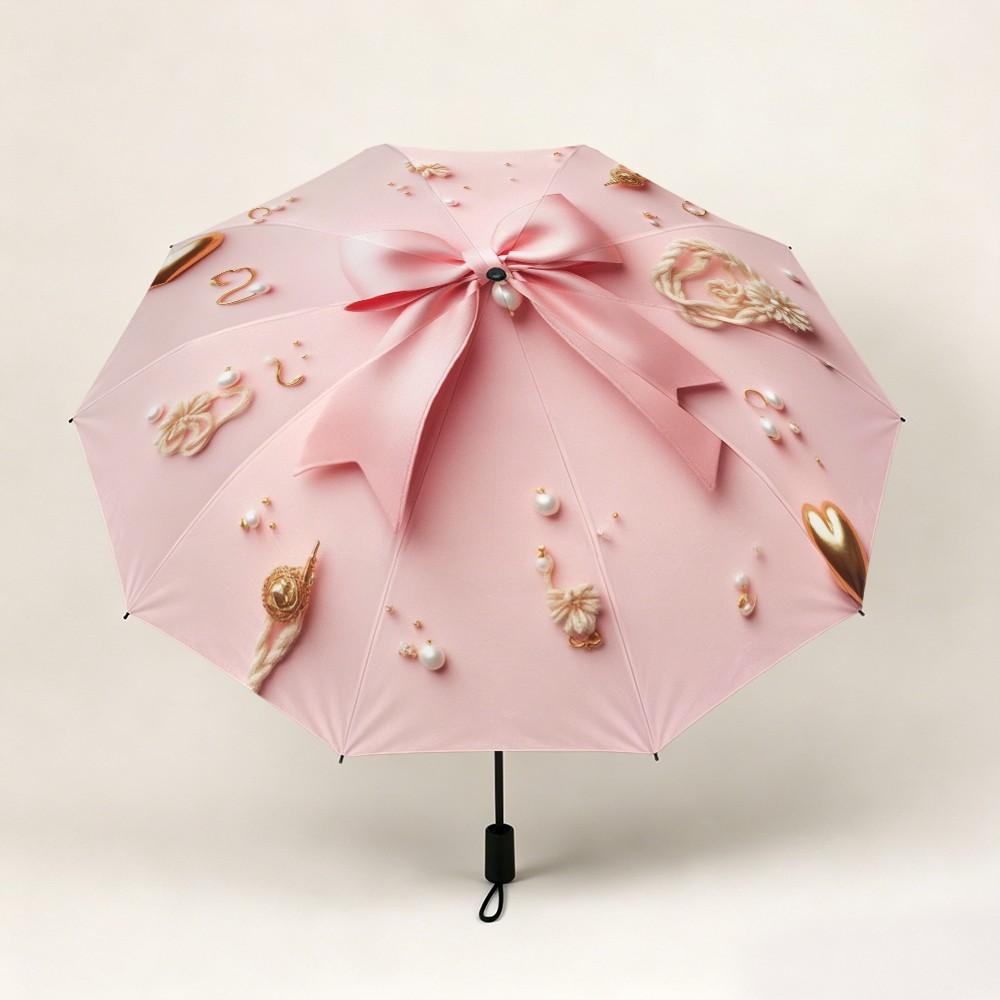 Bow Pearl Heart Folding Umbrella, Automatic Open, Iron Frame, Portable, Suitable for All Seasons, Travel, Office, Formal Events, Portable Outdoor Umbrella