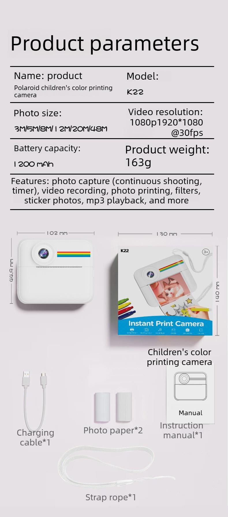 Kids Instant Print Digital Camera, Shoot & Print Instant Color Photos, Cute Photography Toy Perfect Birthday Gift for Little Girls#