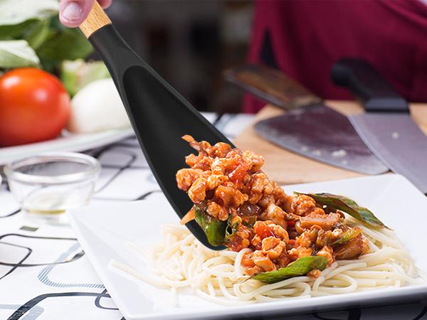 Cooking Spoon for Nonstick Cookwares, Great for Cooking and Serving Durable BPA-Free Matte Silicone, Wood Handle Spoon for Mixing, Scoop, and Scrape