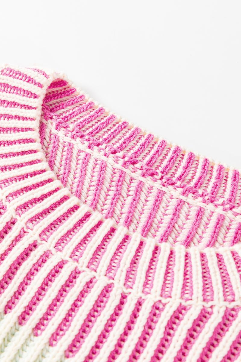 Women's Sweet Candy Pink Colorblock Textured Knit Bubble Sleeve Sweater