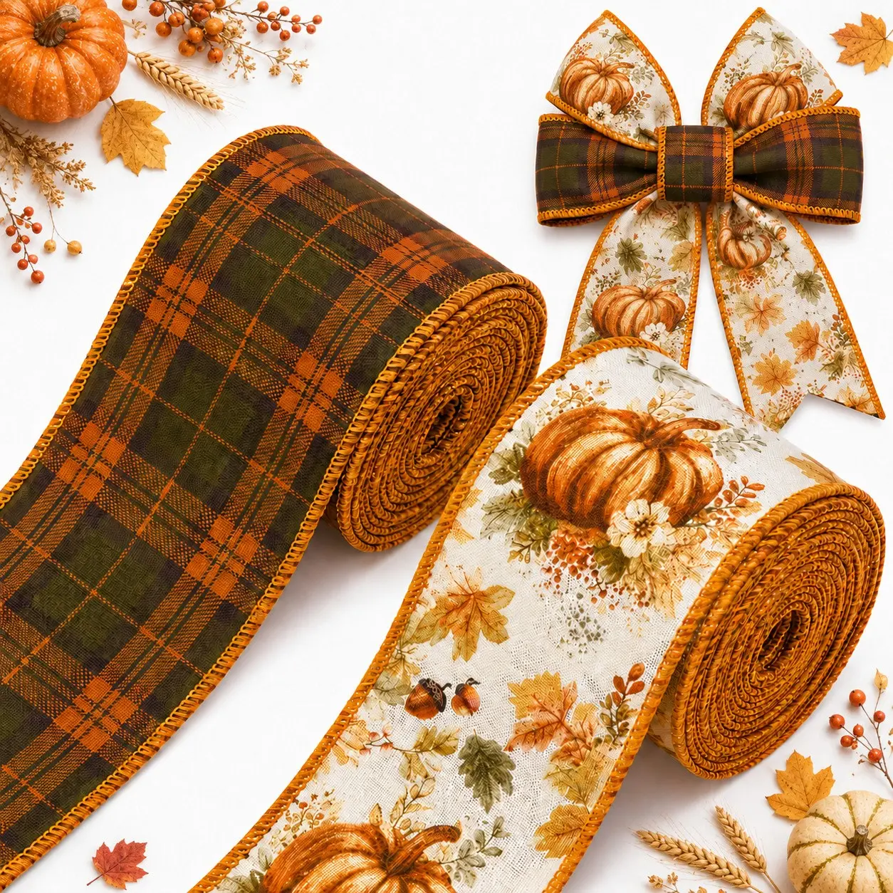 Fall Pumpkin-Themed Ribbon Set, 2 Rolls 2.5-Inch Plaid & Floral Ribbons, Polyester Decorative Ribbons for Holiday Decor, Gift Wrapping, Wreaths