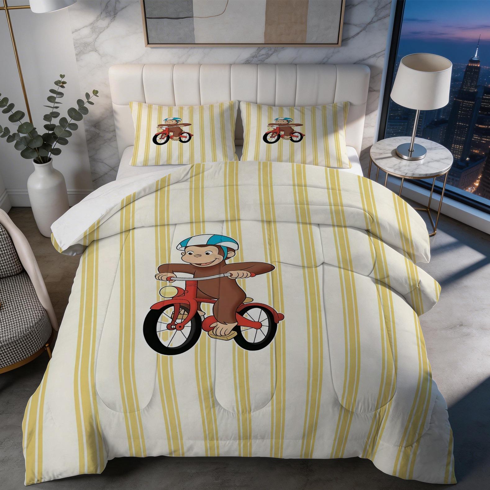 2/3 Piece Curious George Comforter Set, 1 Comforter + 1/2 Pillowcases, Cute Cartoon Monkey Cheerleader Diving Bedding, Kids Bedroom Decor for Girls Boys Teens, Ideal Gift for Curious George Fans