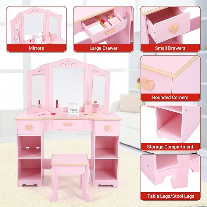 Princess Vanity Set for Kids - White Makeup Table with Mirror, Stool, and Wooden Play Makeup Accessories Princess Vanity Set for Kids - White Makeup Table with Mirror, Stool, and Wooden Play Makeup Accessories