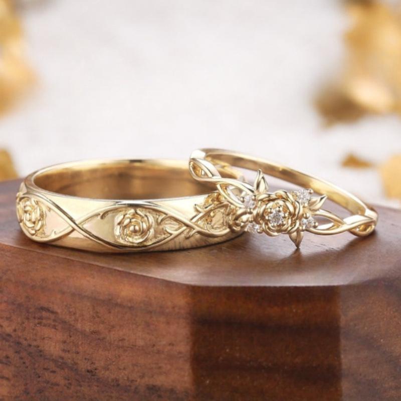 Women's 2-Piece Rose Floral Bridal Set Rings - Micro-Paved Elegant Ring Stack with Metal Coating, Luxury Engagement Wedding Jewelry for Anniversary