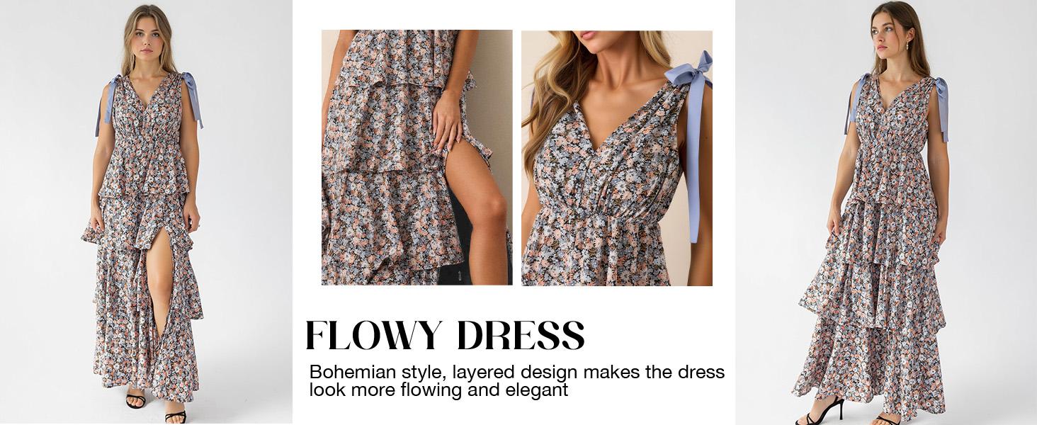 Wenrine Women’s Summer Floral Maxi Dress Tie Strap Sleeveless V Neck High Slit Boho Ruffle Tiered Beach Dresses