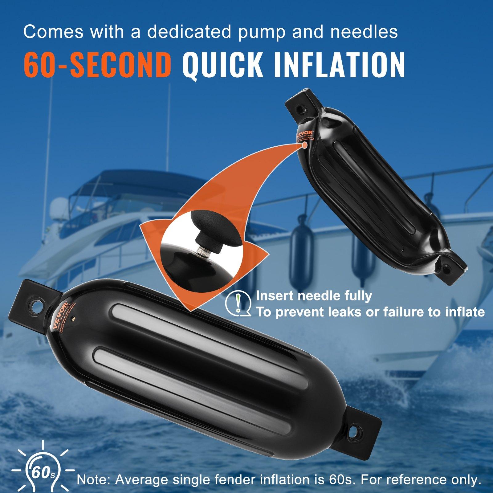 VEVOR Boat Fenders, 6.5" x 23" Boat Bumpers for Docking, Inflatable Ribbed Fender with Center Holes, Marine Boat Dock Fender Bumper with Air Pump, 4 Needles and 4 Ropes and Storage Bag, Black VEVOR Boat Fenders, 6.5" x 23" Boat Bumpers for Docking, Inflatable Ribbed Fender with Center Holes, Marine Boat Dock Fender Bumper with Air Pump, 4 Needles and 4 Ropes and Storage Bag, Black