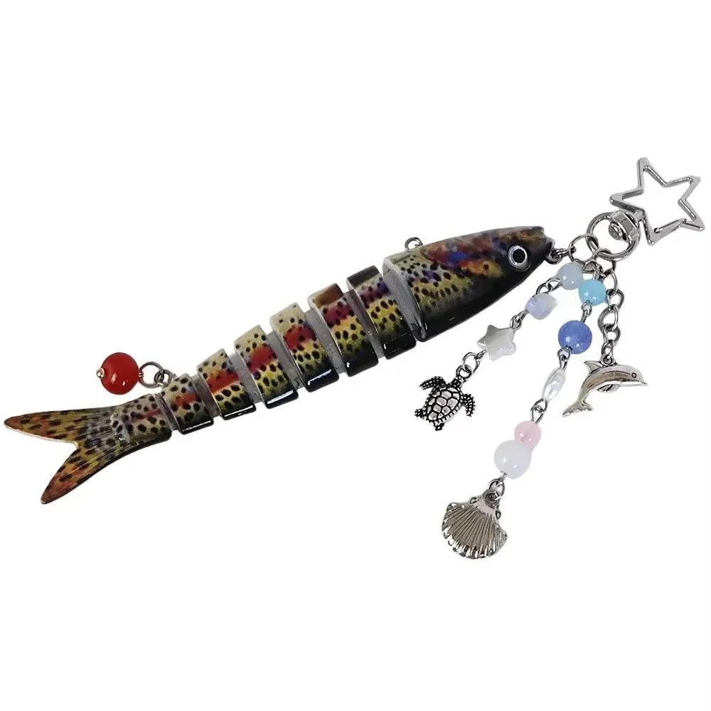 Novelty Fish Keychain, Fishing Enthusiasts Creative Bait Keychain, Jointed Design Fish Keyring with Beaded Charm, Realistic Lure Keychain for Bag Backpack, Good Luck Aesthetic Fish bag Pendant Trinket, Kawaii Keychain Style Accessory