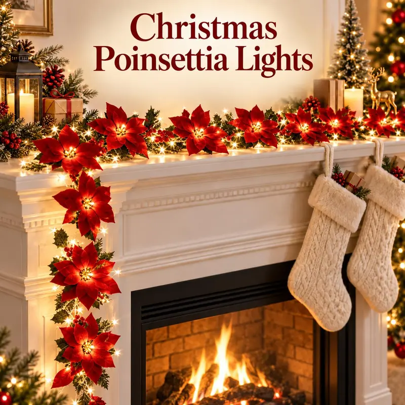 Traditional Christmas Poinsettia LED String Lights, Red Berry-Holly Garland Lights for Mantel, Christmas Tree, Doorway Decor