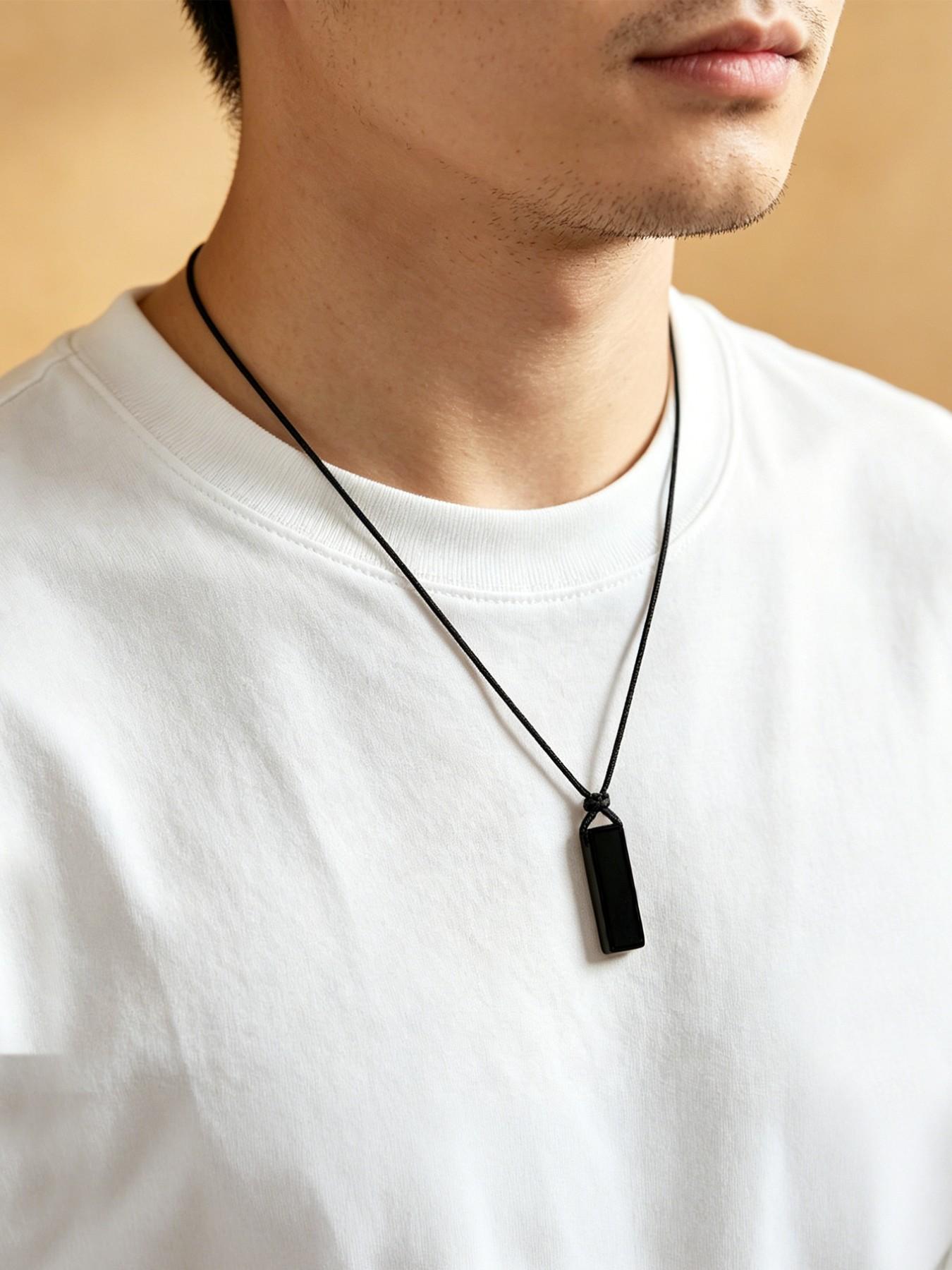 Men's Irregular Stone Pendant Necklace, New Energy Original Stone Rope, Adjustable Protective Stone, Trendy Long Rectangle Pendant