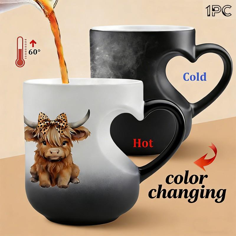 1pc Highland Cow Print Color Changing Mug - 11oz/325ml Durable Thermochromic cup, Cute Highland Cow & Bow Design, Coffee, Novelty Coffee Mug, Ceramic Mugs, Ceramics Mug, Ideal for Festival Gifts, The Perfect Gift for Coffee Lovers, Drinkware