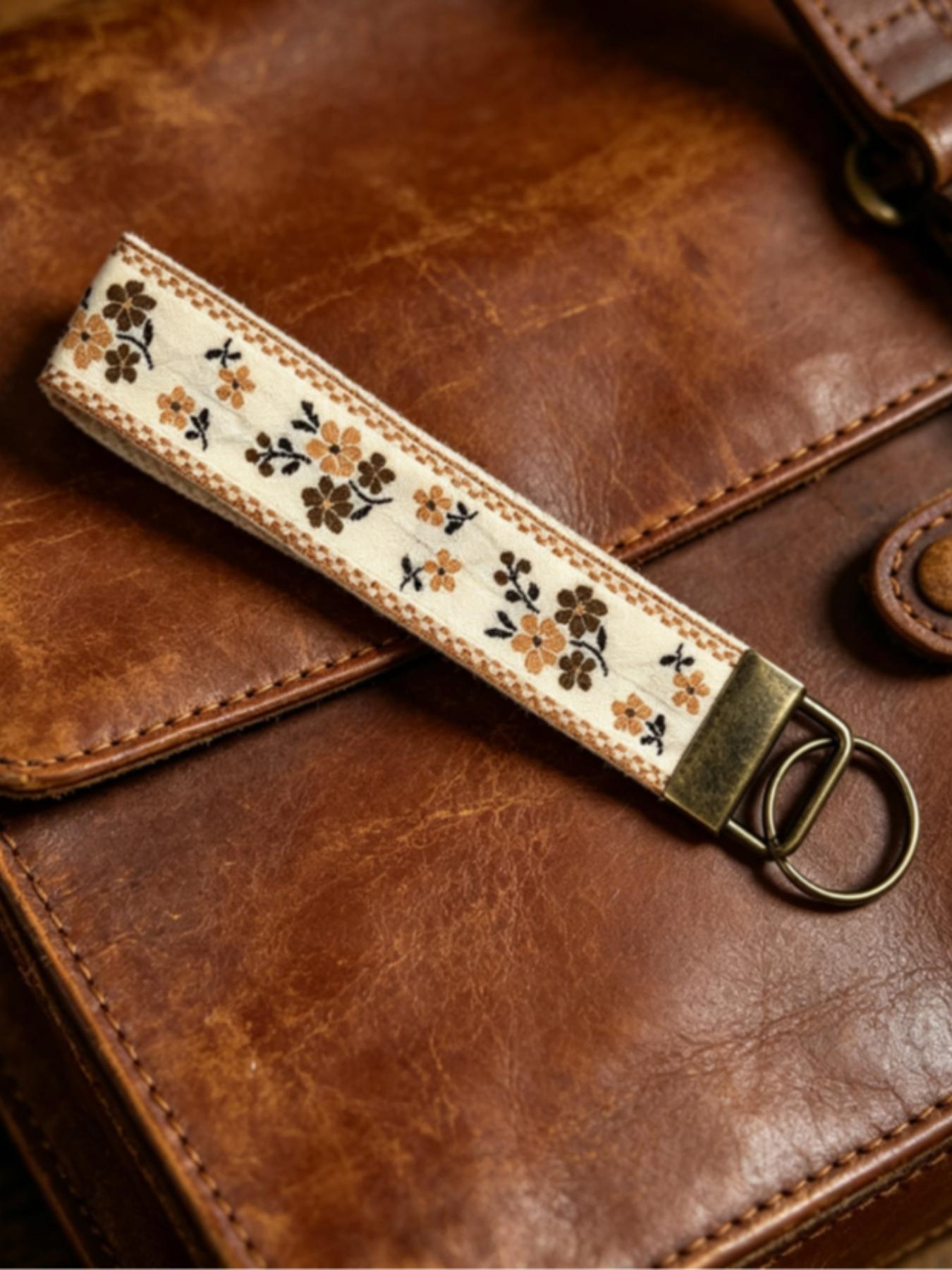 1 Embroidered Fabric Wristlet Keychain for Women, Cute Wrist Key Chain with Metal Hardware