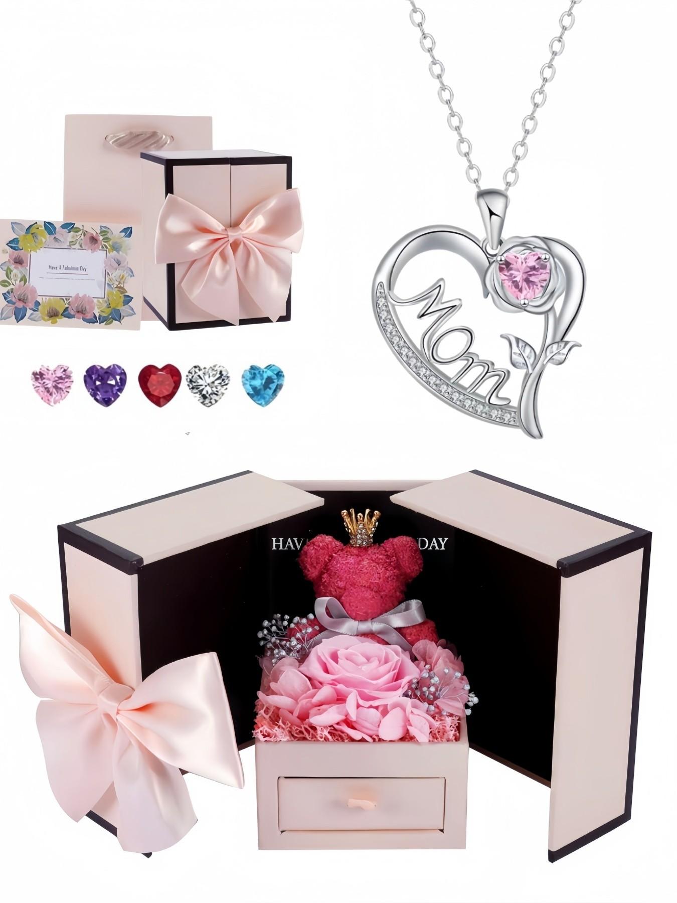 Soft Heart Rose Imprint Premium heart-shaped MOM rose necklace, niche & sparkling, skin-brightening pendant.Paired with a preserved rose & teddy bear jewelry gift box.Ideal mysterious gift for birthdays, Valentine’s Day, Mother’s Day and Christmas.