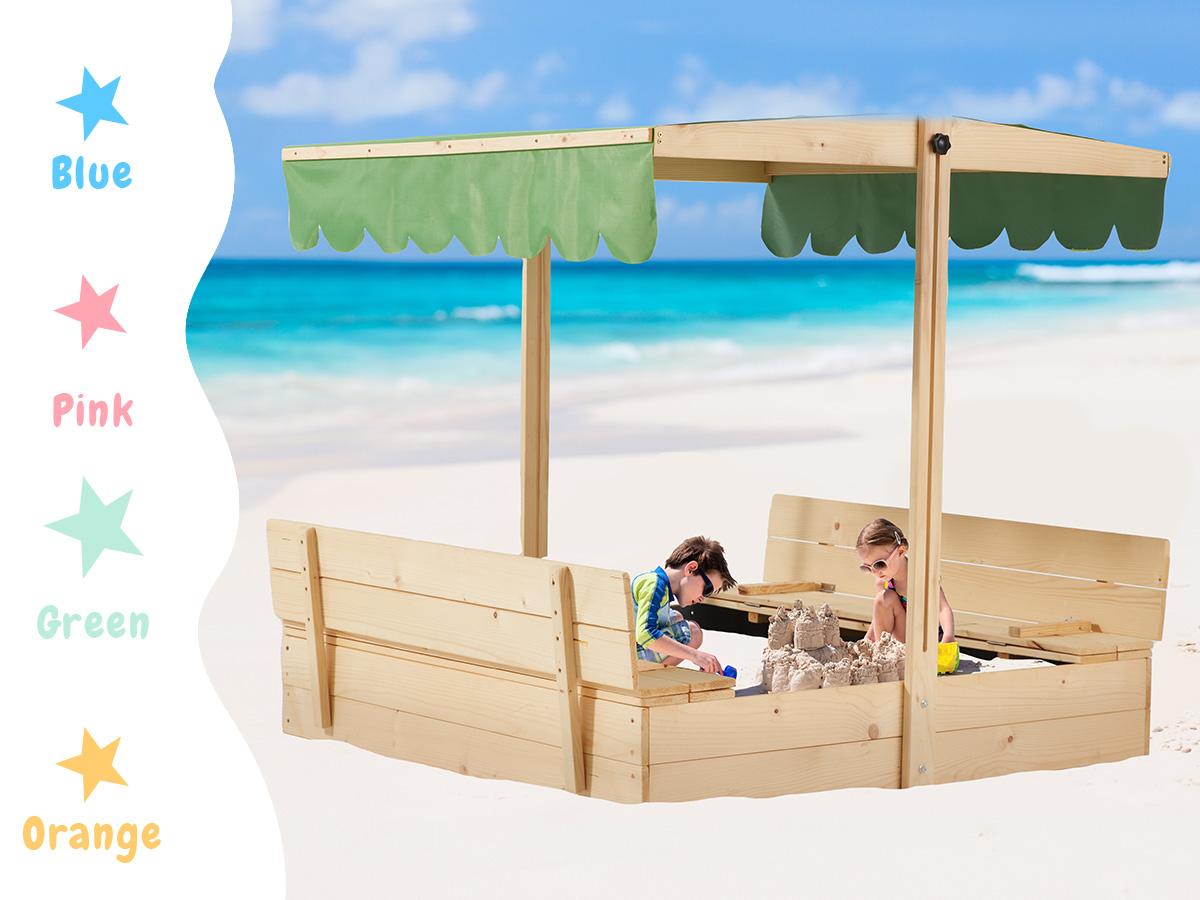Sandbox with Lid, Kids Sandbox with Cover and Height Adjustable Roof, Outdoor Sandbox with Foldable Bench Seats and Sand Protection Liner for Aged 3-8, Perfect for Backyard Fun , Beach, Lawn Wooden Playtime