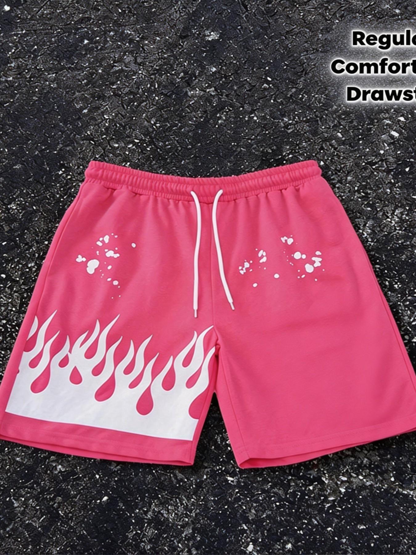 Men's casual shorts, letter flame print - bright pink, white letter flame pattern, elastic waistband, comfortable regular fit, suitable for casual wear, comfortable swim trunks | bright pink swim trunks